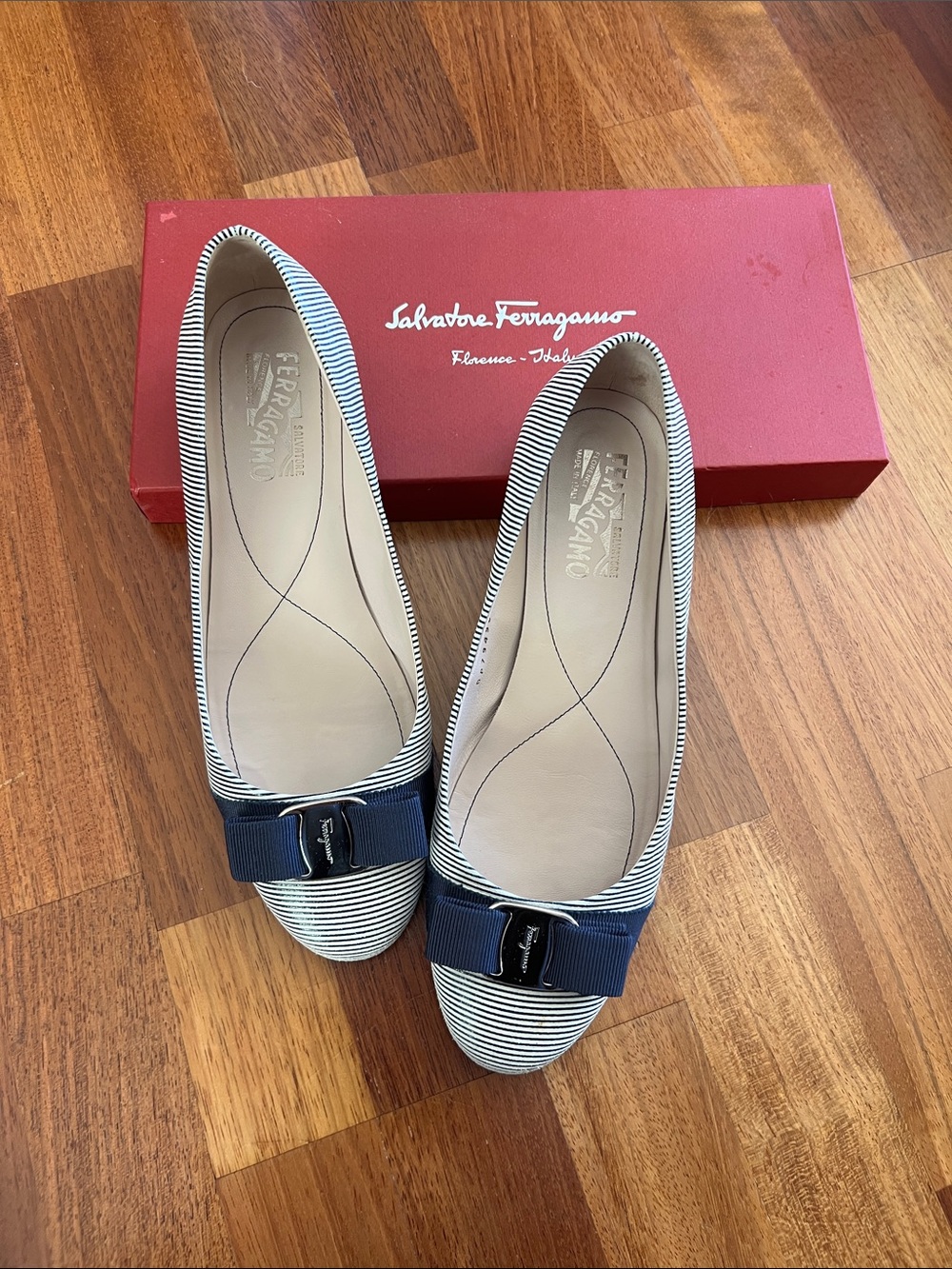 Salvatore Ferragamo Navy & White Striped Vara Bow Flats